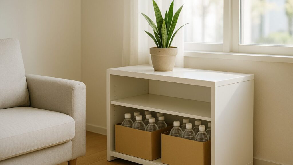 リビングの棚の下に保存水の箱が整然と並び、自然光が差し込む。暮らしの中に備えが溶け込んでいる様子。