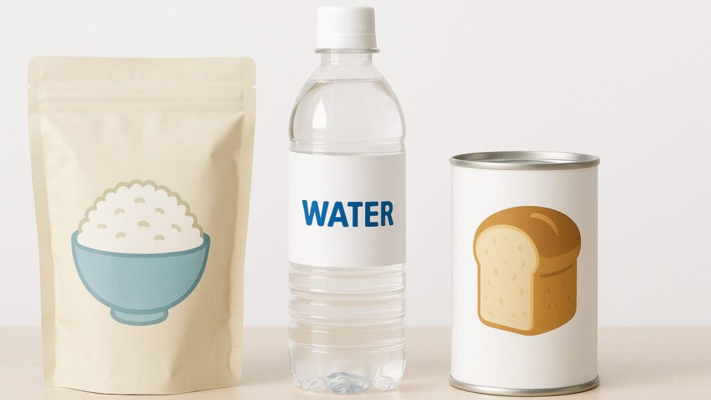 白背景にご飯の袋・水のボトル・パンの缶が横一列に並んでいる。非常食を長期保存するための食品を比較するイメージ