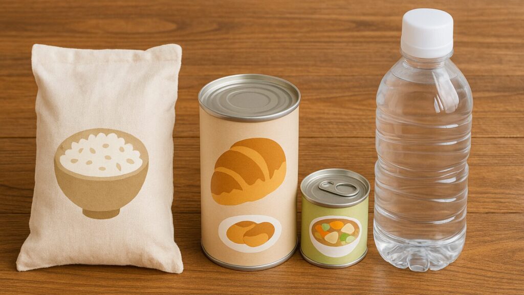 木製テーブルの上に袋(米)・缶(パン)・小さな缶詰(おかず)・ボトル(水)が並び、主食・副食・飲料のバランスを象徴する非常食の長期保存イメージ
