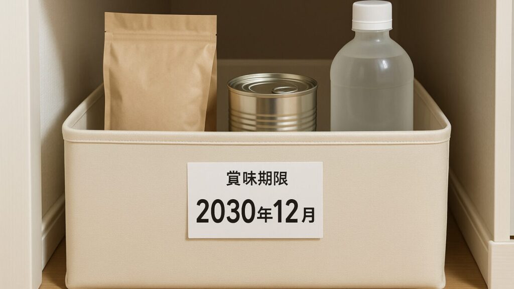 クローゼット下段の収納ボックスに無地の袋・缶・ボトルが整然と入っており、外には「2030年12月」と書かれた賞味期限カードが貼られている。非常食の長期保存管理を示すイメージ