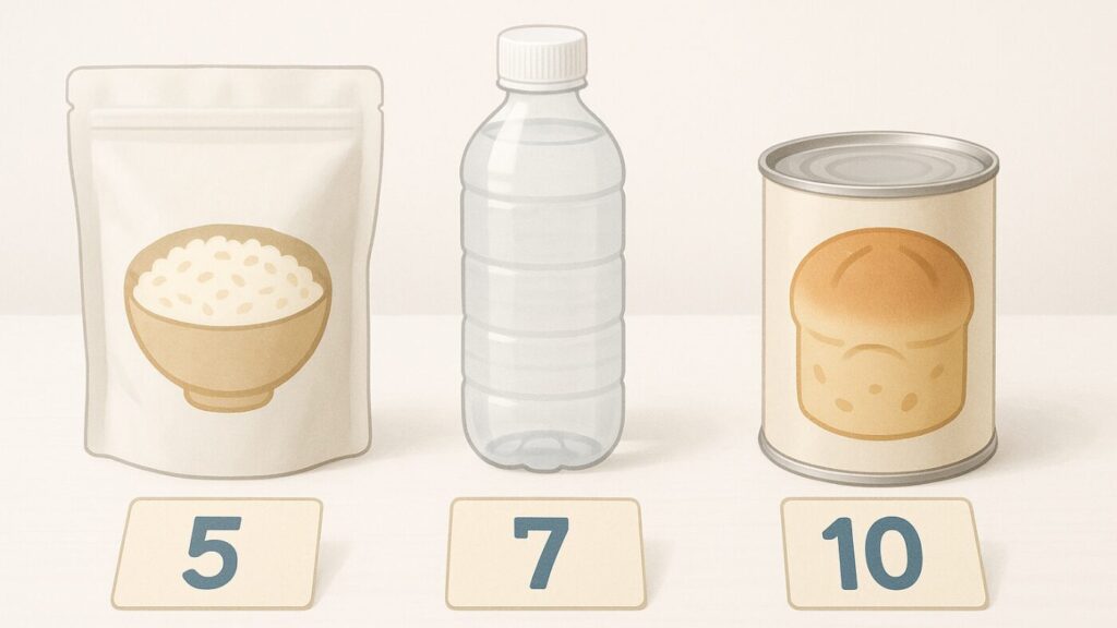 白いテーブルの上に小袋・ボトル・缶が横に並び、それぞれの前に5・7・10の年数カードが置かれている。非常食の保存期間の違いをイメージした写真