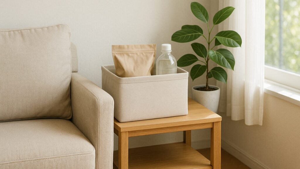リビングのソファ横の棚に収納ボックスが置かれ、中に無地の袋やボトルが見えている。観葉植物と自然光に囲まれ、非常食の長期保存が暮らしに溶け込んでいる安心感を表現したイメージ