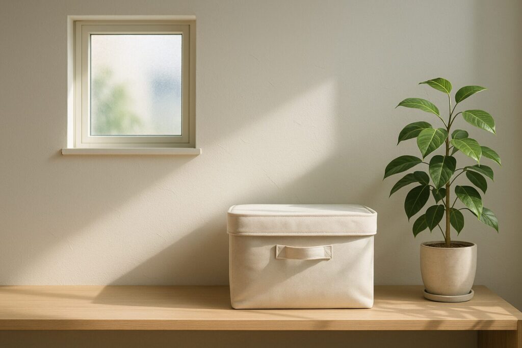 白い壁の前に小さな窓があり、差し込む光が収納ボックスに影を落としている。背景にはグリーンの観葉植物があり、物を最小限にした静かで整った空気感を表現したイメージ