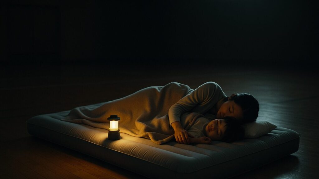 エアマットの上で休む親子。避難所でも安心して眠る姿を穏やかに描写。