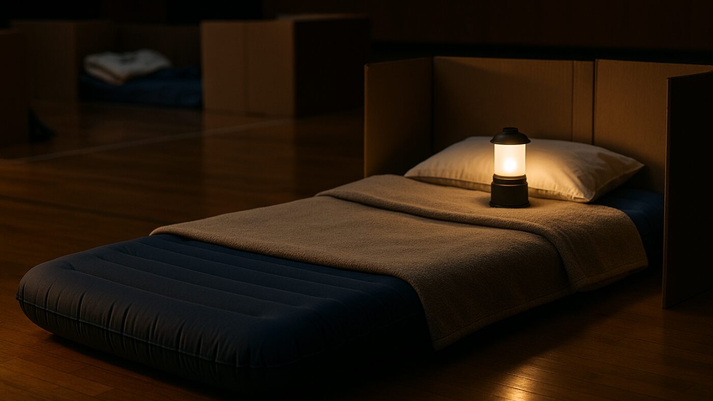 避難所の床に敷かれたエアマットとブランケット。静かな照明の中で“眠れる備え”を表現。