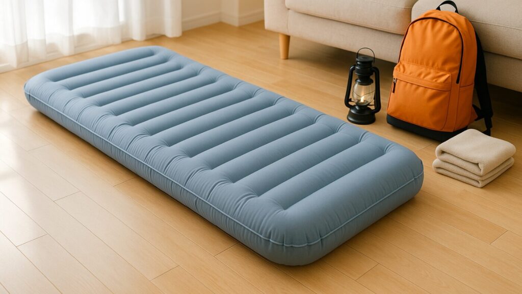 リビングに広げられたエアマットと防災リュック。日常に溶け込む備えを表現した写真。