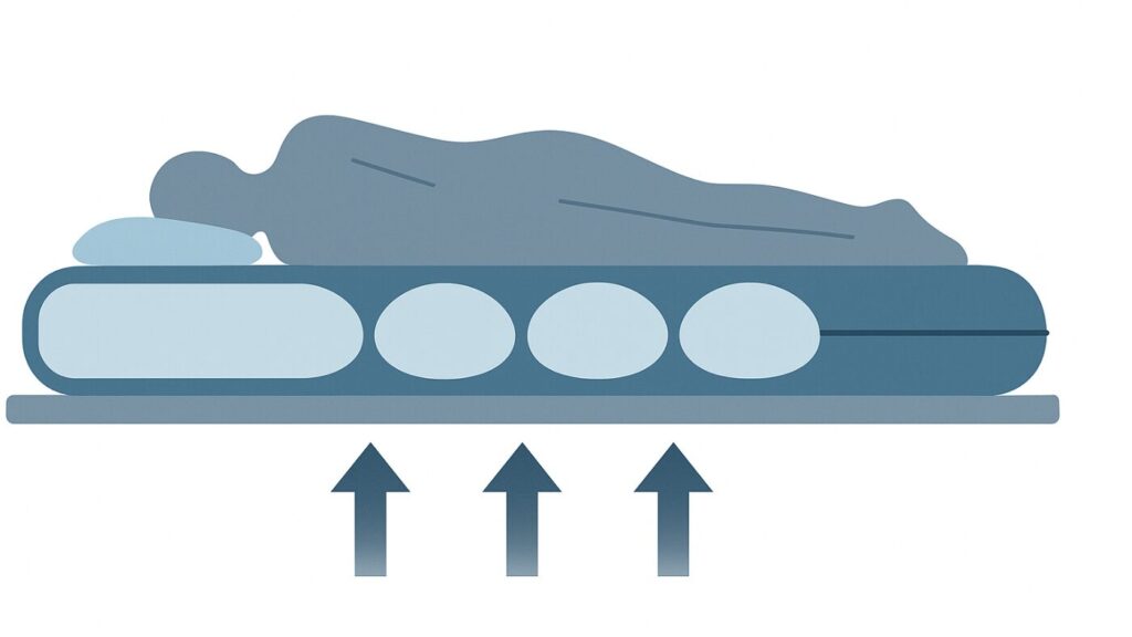 エアマットの断熱構造を示す図。空気層が床の冷気を遮断する様子を説明。