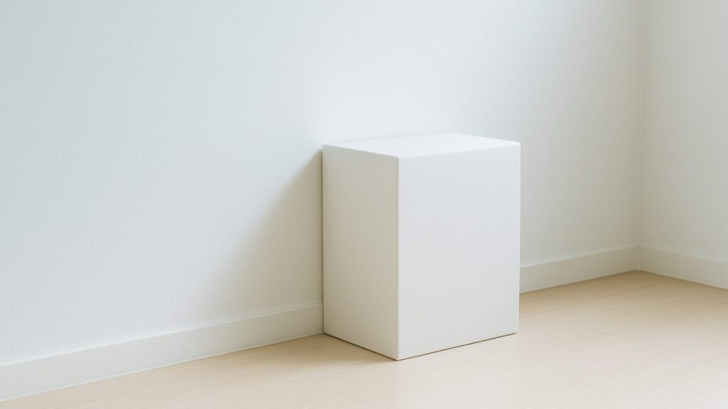 白い壁際に小さな箱が置かれ、淡い光が角を照らす。軽やかで続けられる備えをイメージさせる柔らかな光の表現。