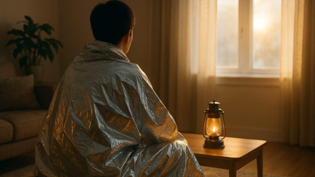 冬の朝のリビング。停電が明け、ランタンの光と朝の光が混ざる中、アルミブランケットを肩に掛けた人が静かに座っている。暖かな光が金属面に反射して、安心感と再生を感じさせるシーン。
