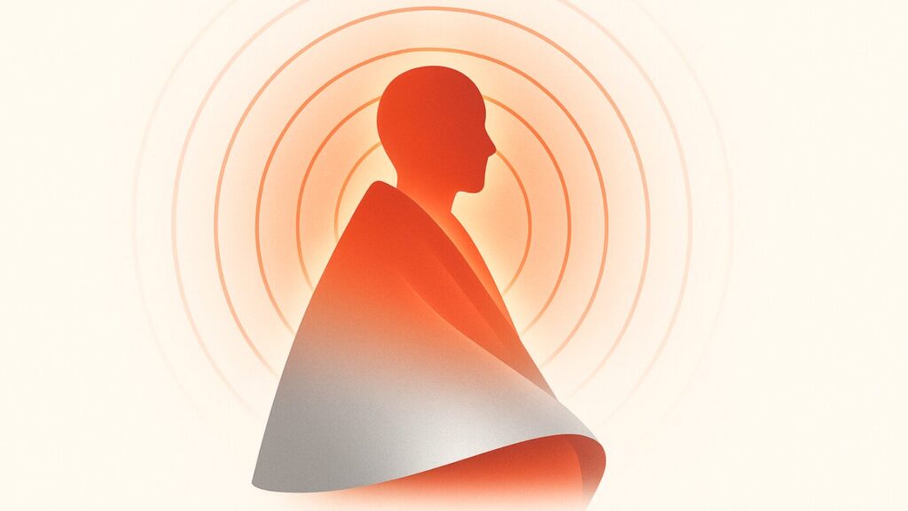 黒背景の中で赤い光が金属面に反射し、人の体を包み込むように広がる抽象的な表現。
熱を閉じ込めるアルミブランケットの仕組みを象徴的に描いている。