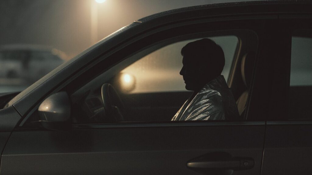 冬の夜の車内。銀色のアルミブランケットを肩に掛けた人のシルエットが外灯の光を受けて輝く。
外の寒さと車内のぬくもりを対比させた静かな構図。