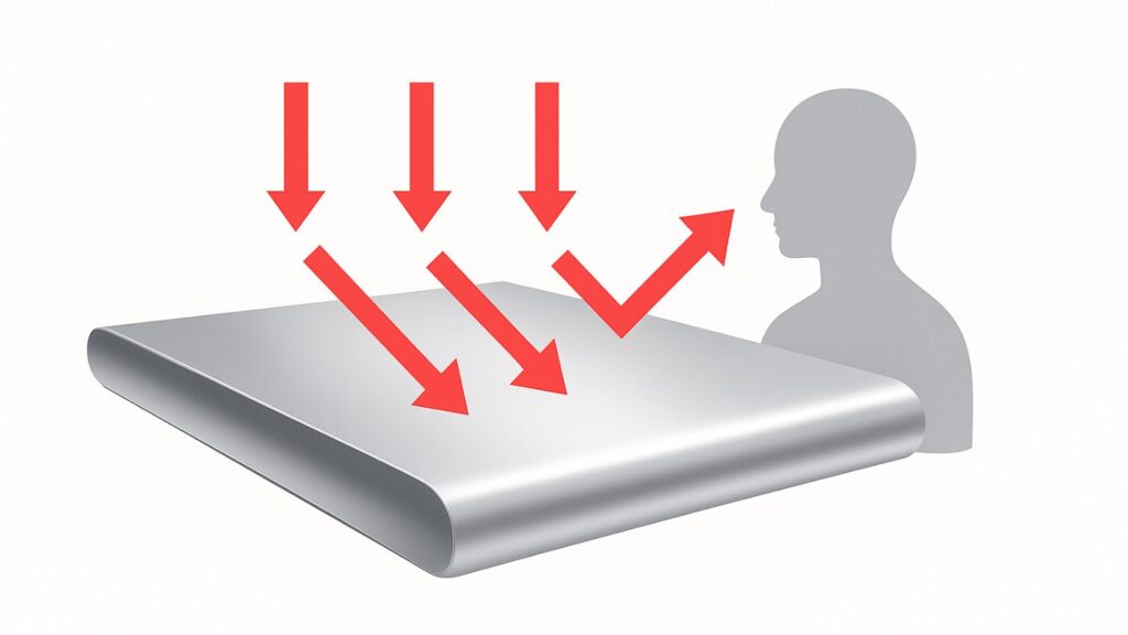 アルミブランケットの仕組みを示す図。
銀色の層に当たった赤い熱線が人体方向に反射し、体温を保つ原理をわかりやすく描いた3D調イメージ。