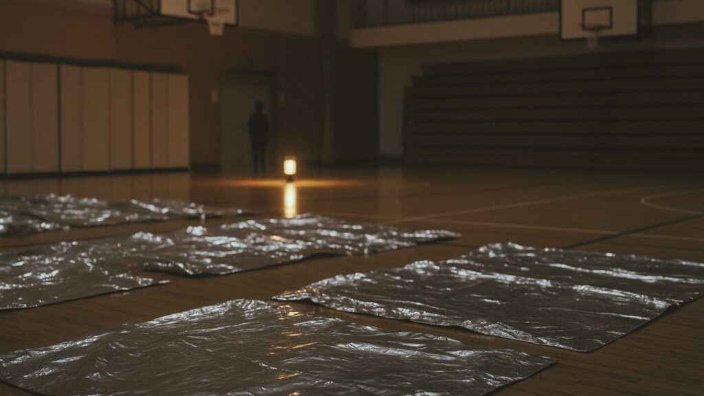 体育館の避難所の夜。床に敷かれたアルミブランケットがランタンの光を反射している。
人影は遠くに1人だけ見え、静けさの中に安心感が漂う。