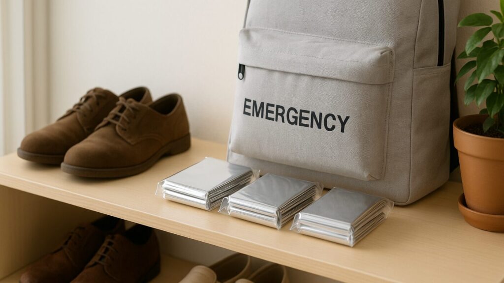 明るい玄関の棚に置かれた防災リュックと、横に並ぶアルミブランケットのパッケージ。
観葉植物や靴があり、日常に溶け込んだ備えの様子を表現している。