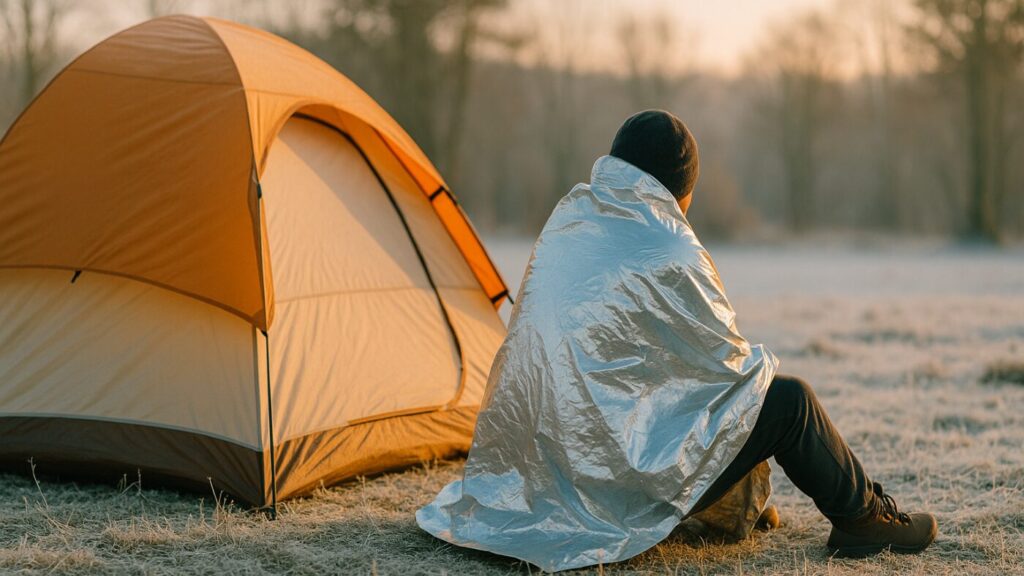 薄い霜が降りた地面に座る人が、銀色のアルミブランケットを肩にかけている。
隣にはオレンジ色のテントがあり、柔らかな朝の光がブランケットに反射している。
静かで澄んだ空気の中、寒さと温もりが共存するシーン。