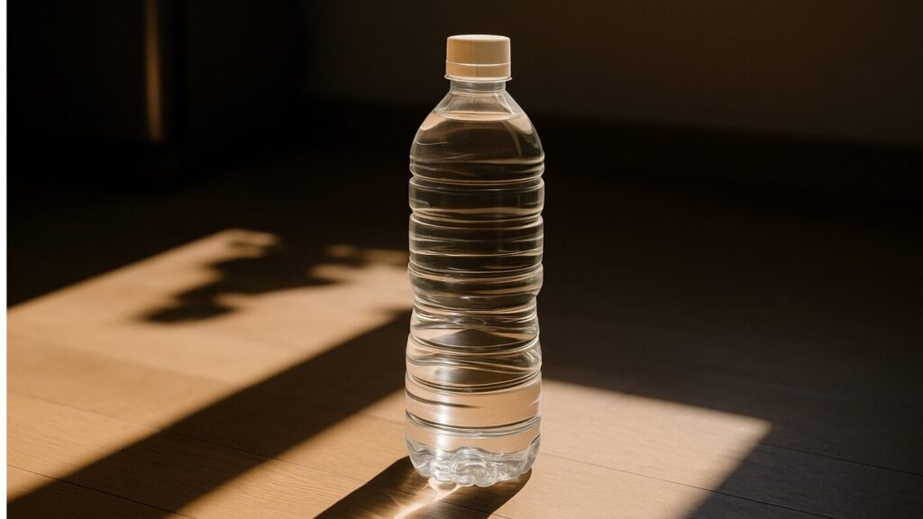 日差しの当たる窓際に保存水が置かれている。直射日光と高温環境で劣化しやすいNGな保管例。