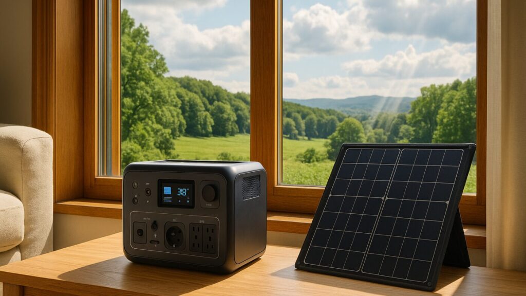窓際にポータブル電源とソーラーパネル。自然光が差し込み、停電時でも穏やかに暮らす様子を表現。
