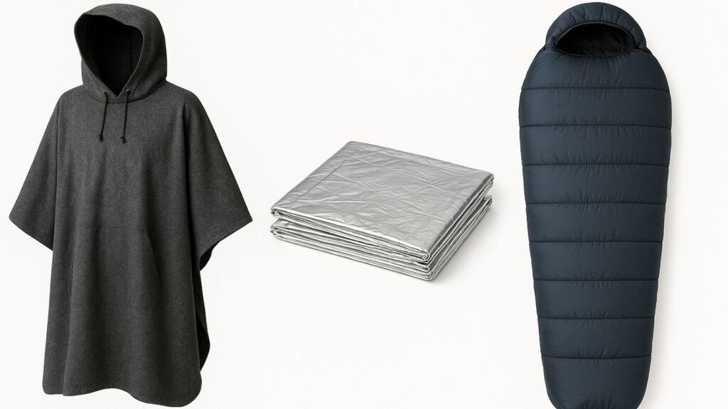 防寒ポンチョ・アルミブランケット・寝袋の比較イメージ。防災 防寒 アイテム一覧。