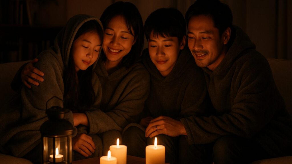 冬の停電時に防寒ポンチョを着て暖をとる家族。停電 防寒 グッズ・着る防災のイメージ。