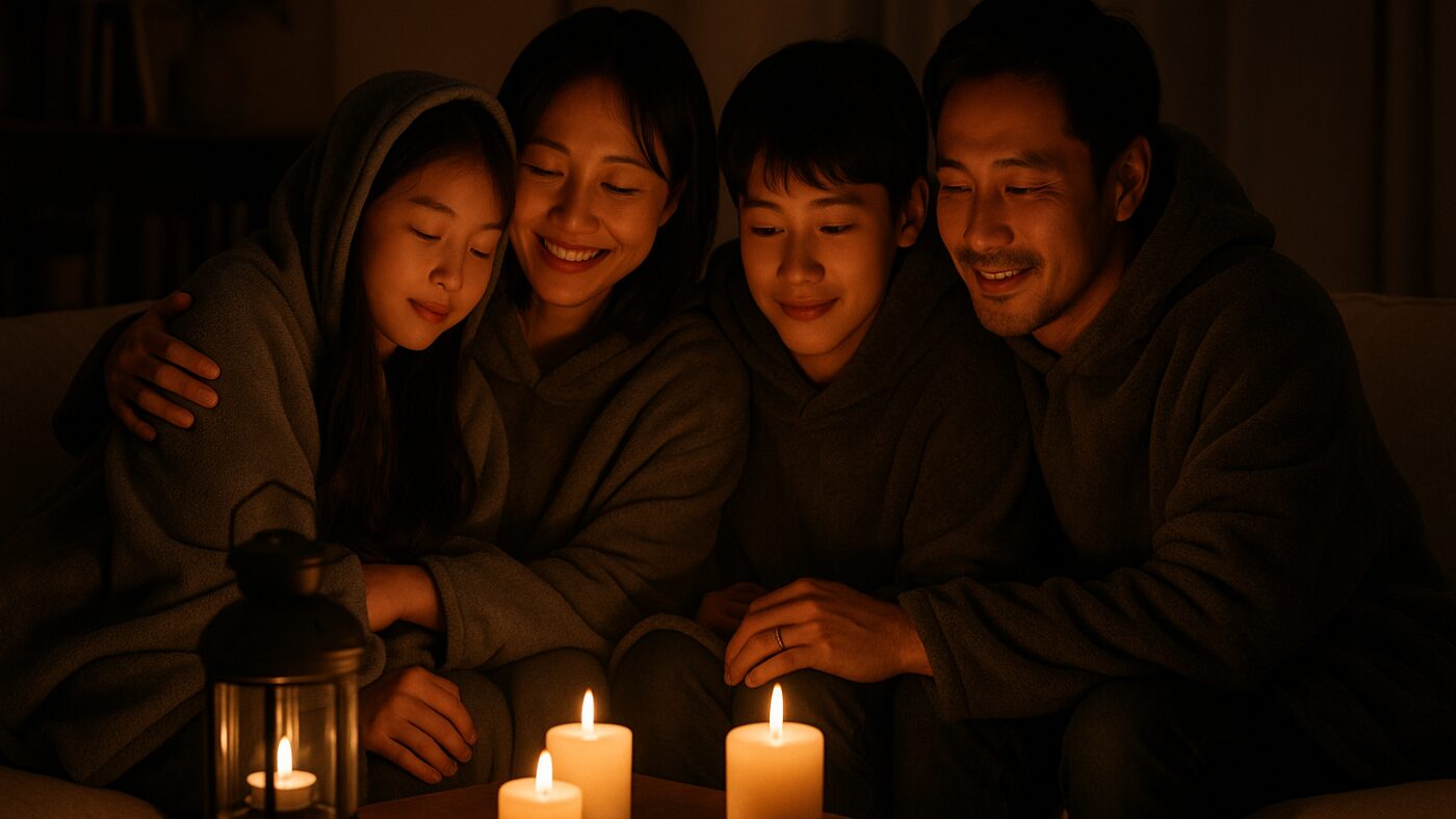 冬の停電時に防寒ポンチョを着て暖をとる家族。停電 防寒 グッズ・着る防災のイメージ。