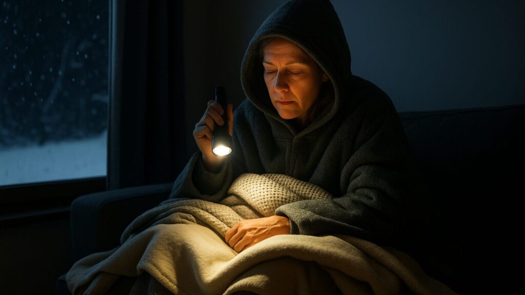 停電中の冬の部屋で防寒ポンチョを着て暖を取る人。停電 防寒 グッズ。