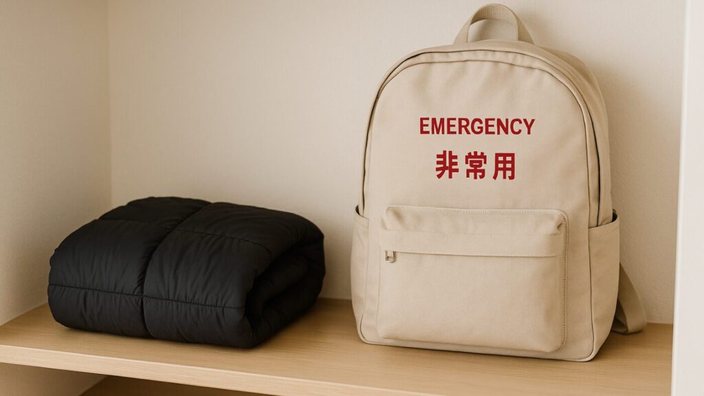 防災リュックと一緒に収納された防寒ポンチョ。冬の備え・着る防災のイメージ。
