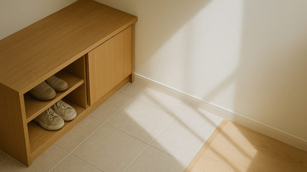 朝の光が差し込む玄関の床。壁際に小さな影が落ち、整った暮らしの気配を感じさせる静かな空間。