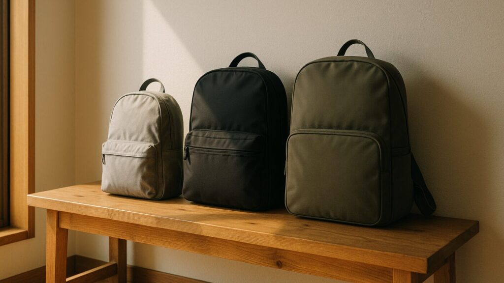 木製ベンチの上に、異なるサイズと形のバッグが三つ整然と並ぶ。光と影が交差し、多様な備えを象徴する情景。