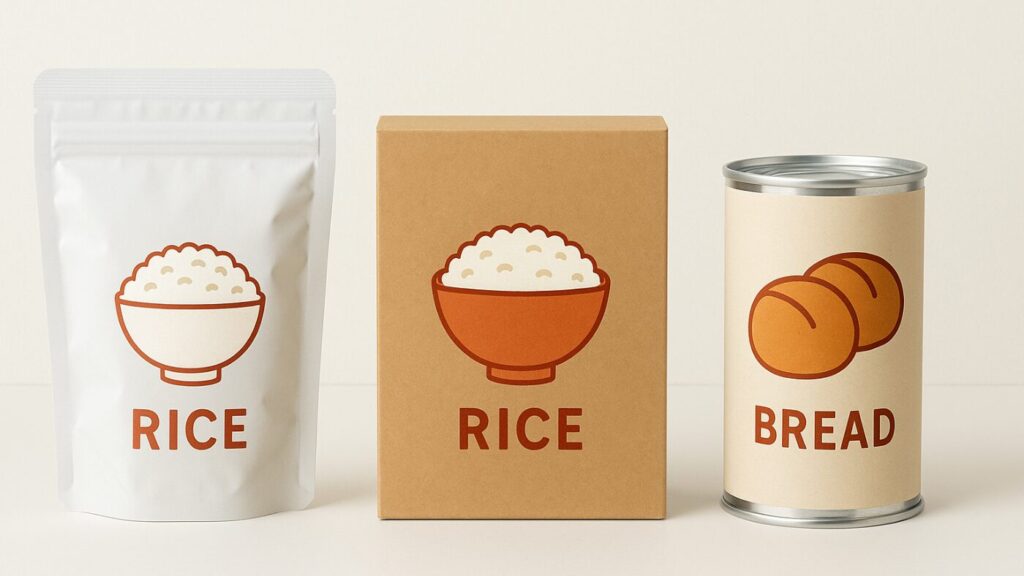 白背景に防災食品をイメージした無地のパッケージ(ご飯用のパウチ・紙箱、パン用の缶)。抽象的な模様やイラストが入り、実在商品を連想させない。