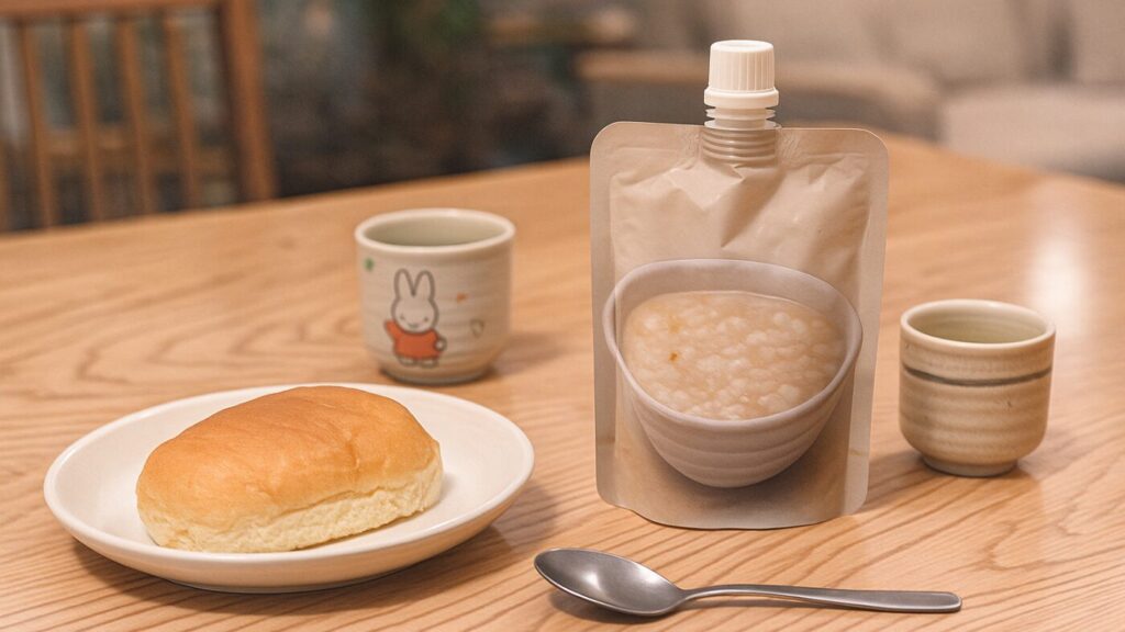 ダイニングテーブルに保存パンのお皿、おかゆタイプの非常食パウチ、スプーン。奥に子ども用コップと高齢者用湯のみが置かれ、世代を問わず食べやすい雰囲気。