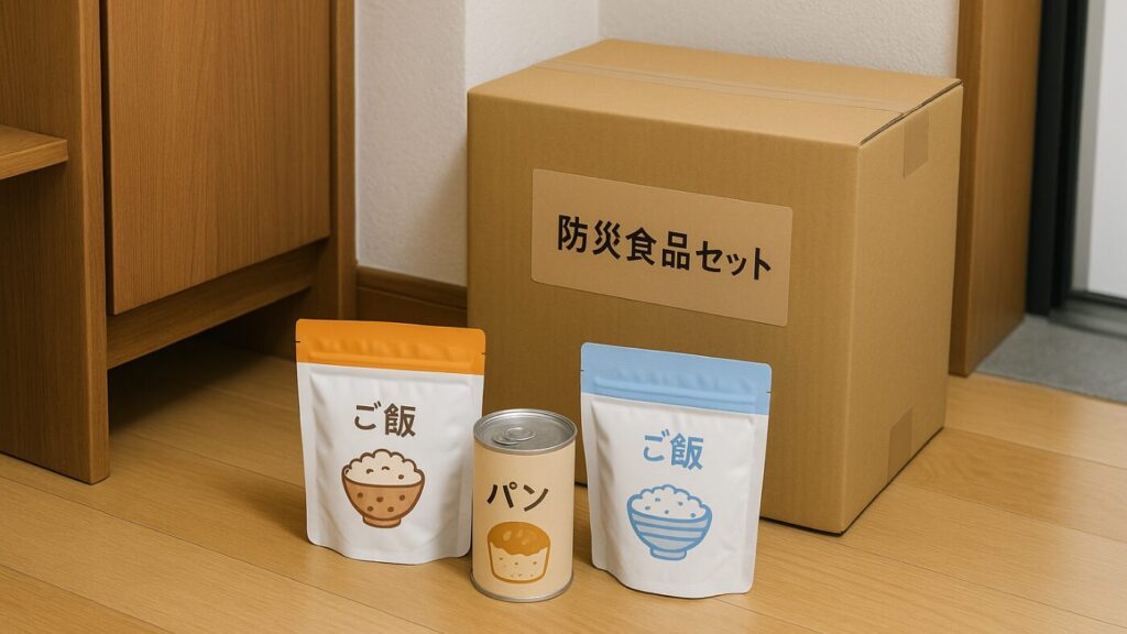 玄関の下駄箱の横に置かれたダンボール箱「防災食品セット」と、単品の保存パンやアルファ米パック。すぐに取り出せる雰囲気の収納シーン。