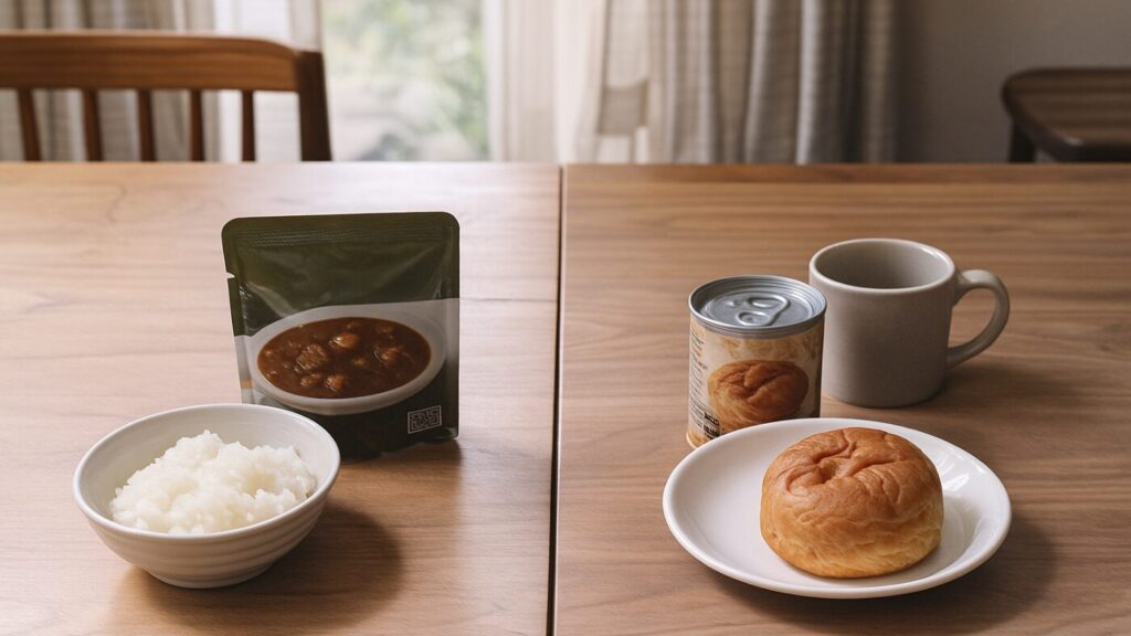 木のテーブルの左にアルファ米の白ご飯とレトルトカレー、右に缶入りデニッシュパンとマグカップ。和食派と洋食派の違いを表現した防災食のイメージ。