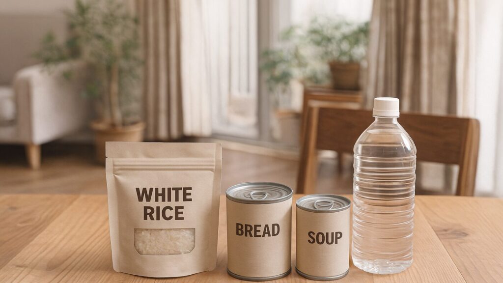 木のテーブルの上に白ご飯のアルファ米パック、缶入りパン、スープ缶、保存水ボトルが整然と並んでいる。普段の食卓に自然になじむ防災食品のイメージ。