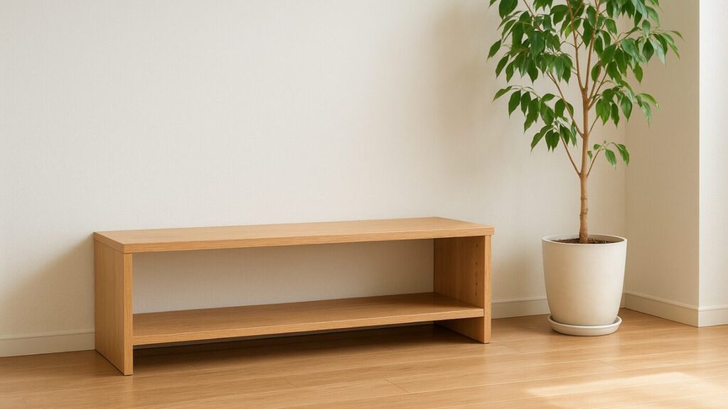 木の床と白い壁のシンプルなリビング。低い棚と観葉植物が置かれ、棚下に“備え”をしまえそうな余白がある。
