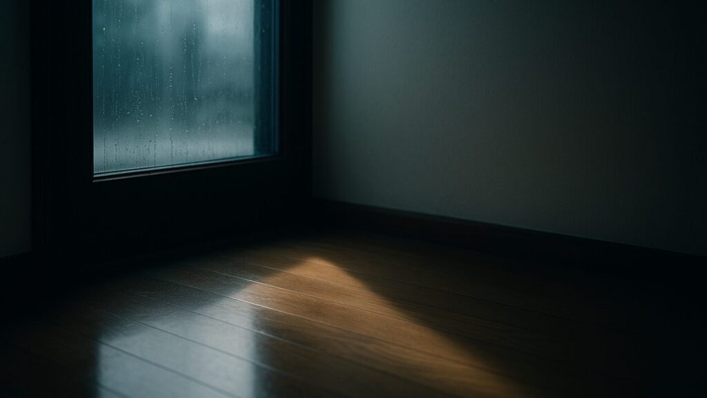 雨上がりの窓辺。外の光が床に反射し、静かな室内に薄い光の筋を描く。防災が日常に溶け込んだ“静かな安心”を象徴する情景。