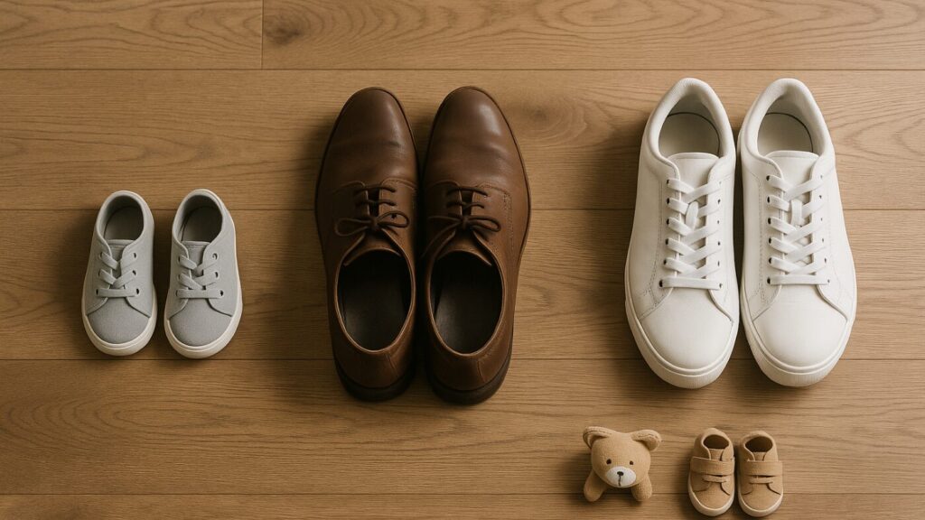 木の床に並べられた三組の靴が世帯ごとの防災リュックの違いを象徴