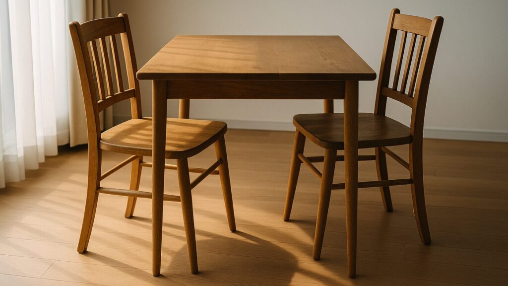 木のテーブルを挟んで向かい合う二脚の椅子が柔らかな光に照らされるシーン