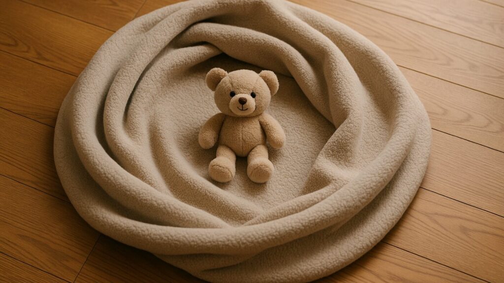 木の床に広げた毛布の中央に小さなぬいぐるみが置かれた家族の安心を象徴するイメージ