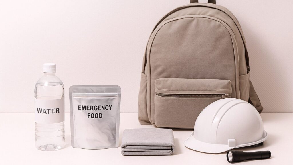 白背景に500ml水と非常食パウチと小型ライトを配置した一人暮らし用備え