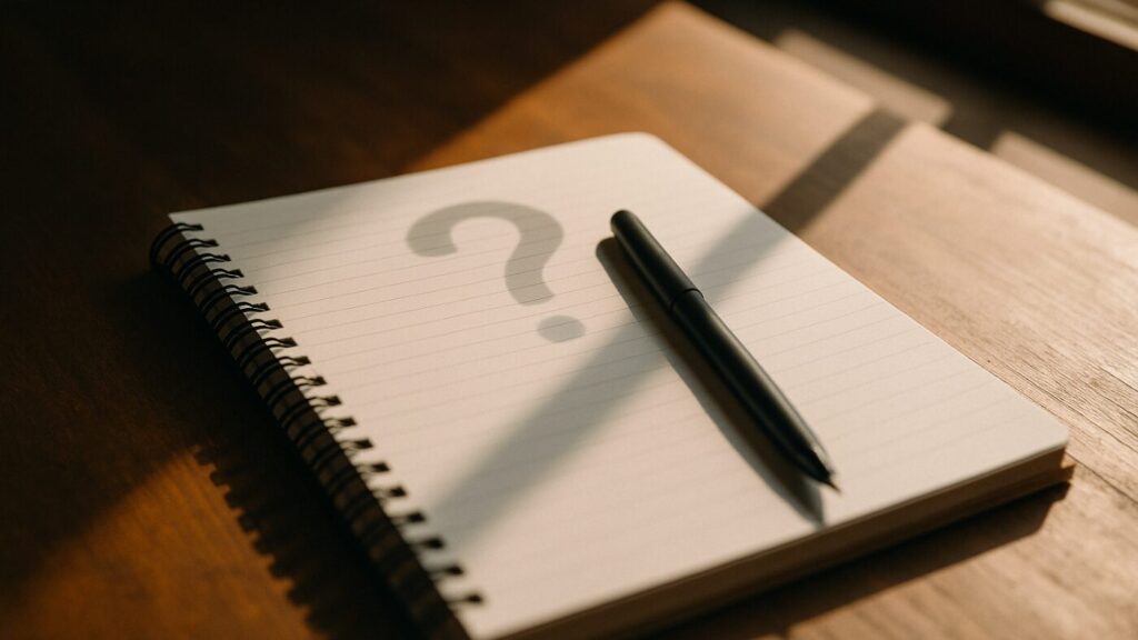 木の机に開かれたノートとペンに光が差し込み疑問を表す影が映るイメージ