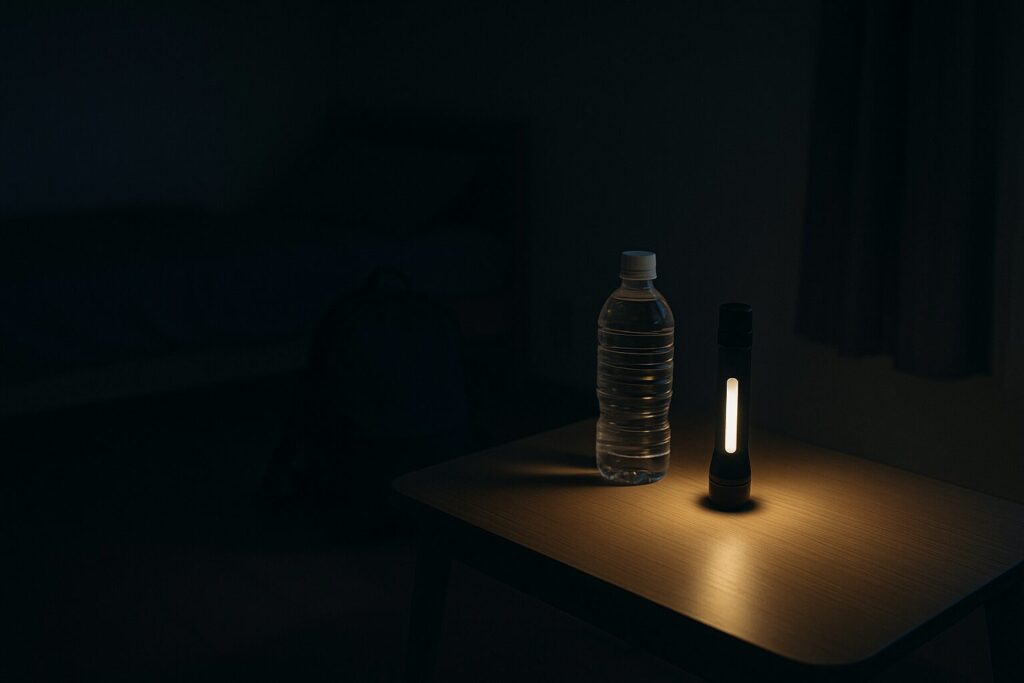 停電した暗い部屋で机の上を懐中電灯が照らす防災イメージ