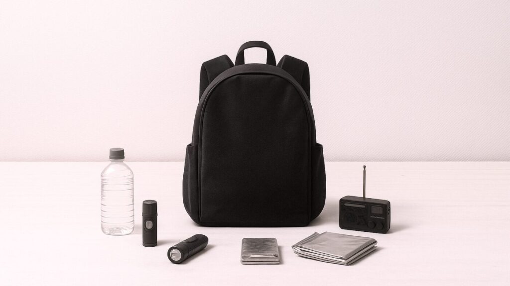 防災リュックのシルエットと水や非常食が円形に並ぶ比較イメージ