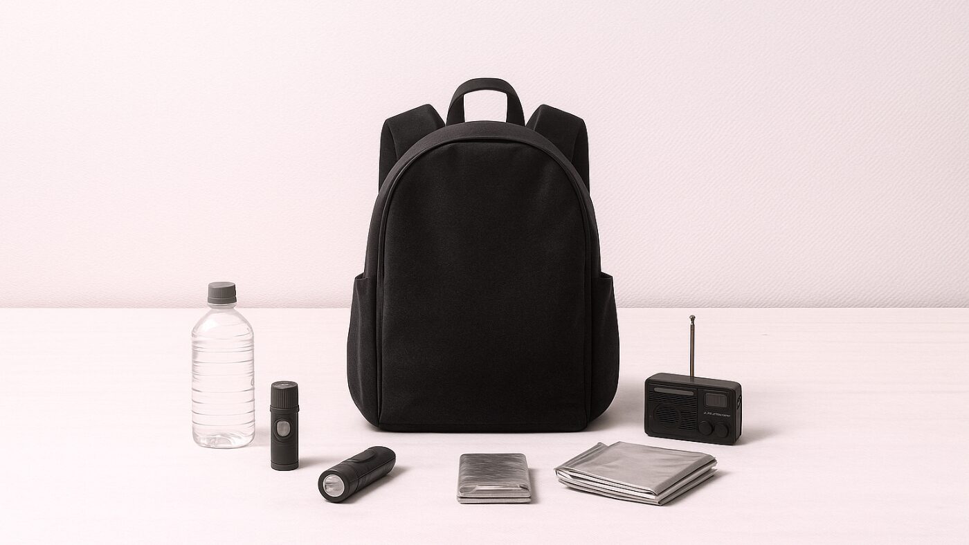 防災リュックのシルエットと水や非常食が円形に並ぶ比較イメージ