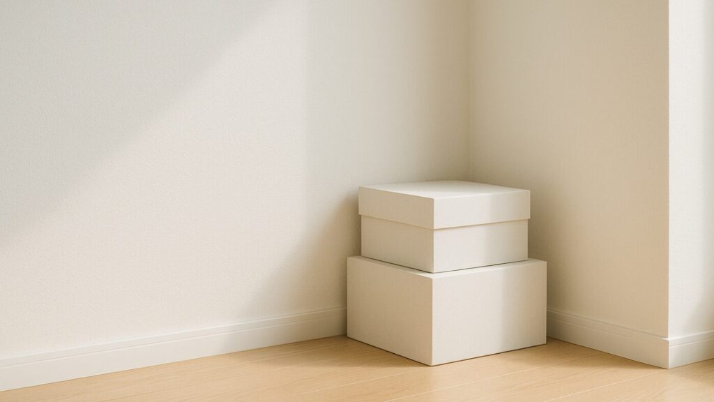 木の床と白い壁が交差する角に、整然と積まれた白い箱が二つ。朝の光が差し込み、壁に柔らかな影を描く。暮らしの中に備えが溶け込む安心感を象徴する構図。