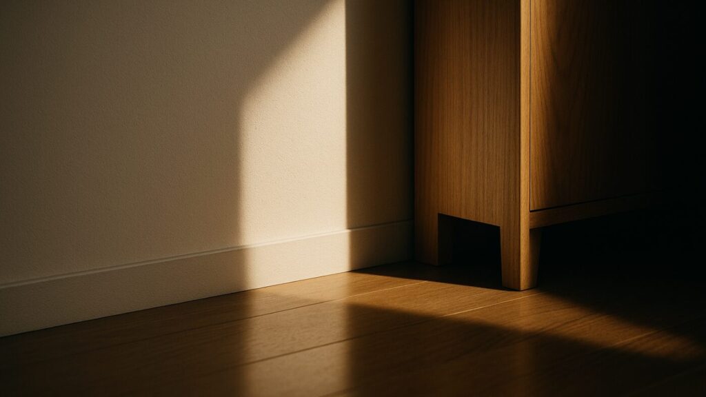 木製家具と壁の間に落ちる縦長の影。朝の日差しが隙間を照らし、防災セットを置ける“余白”を感じさせる構図。