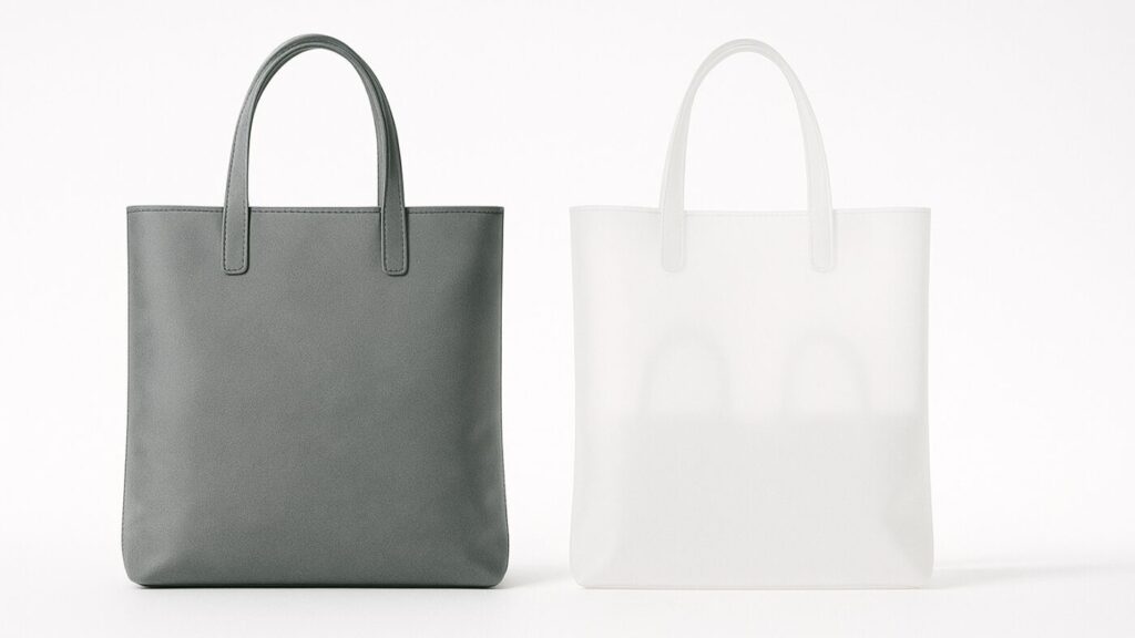 白背景の上に2つの半透明なバッグのシルエット。左は濃く、右は淡く光を反射し、重さと軽さの違いをやさしく描く。