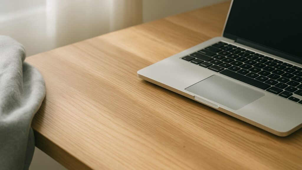 木製デスクの上にノートPCと淡い布影。窓から自然光が差し込み、日常の中に備えが溶け込む静かなシーン。