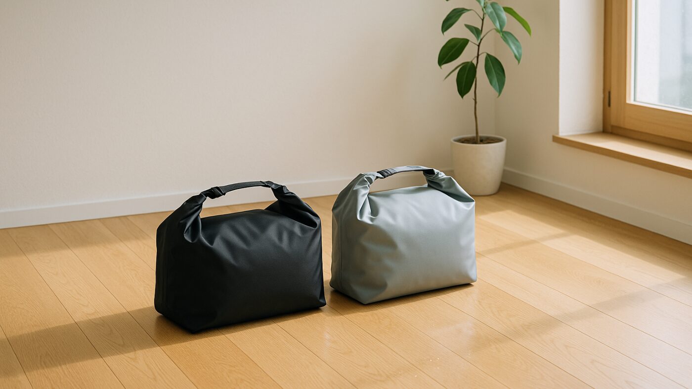 朝の光が差し込む明るい部屋。木の床の上に黒とグレーの防水バッグが並び、白い壁と観葉植物を背景に清潔な暮らしを感じさせる。