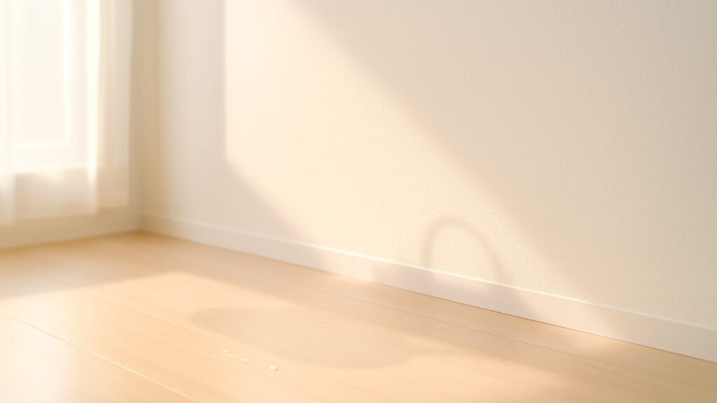 窓辺に差し込む朝の光が白い壁と床に反射し、手前に透明な素材の影とわずかな水滴。整った備えと穏やかな朝を表現。