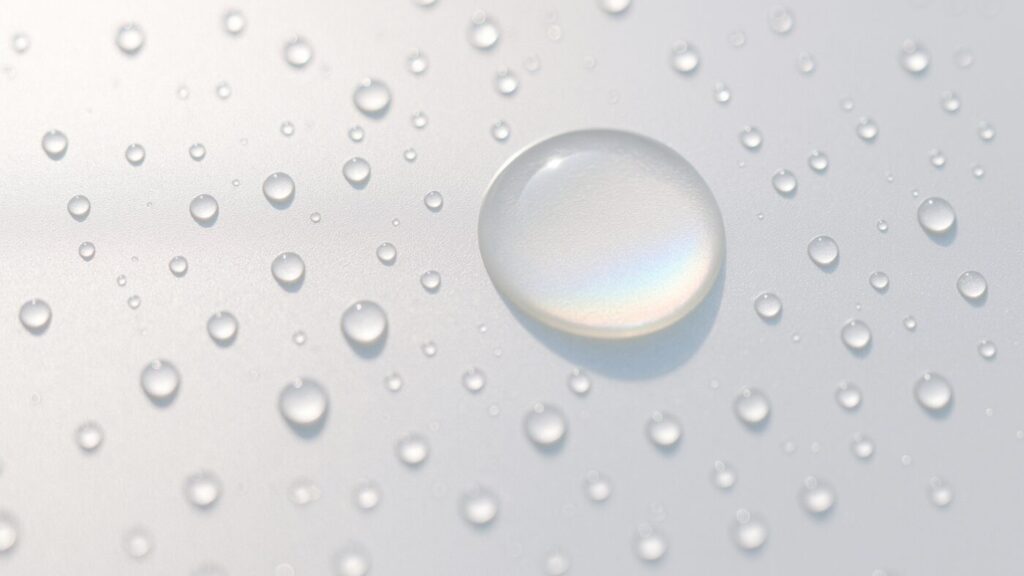 白い面に落ちる透明な水滴。朝の斜光に虹色の光が反射し、防水の仕組みと安心感を表現したマクロ写真。